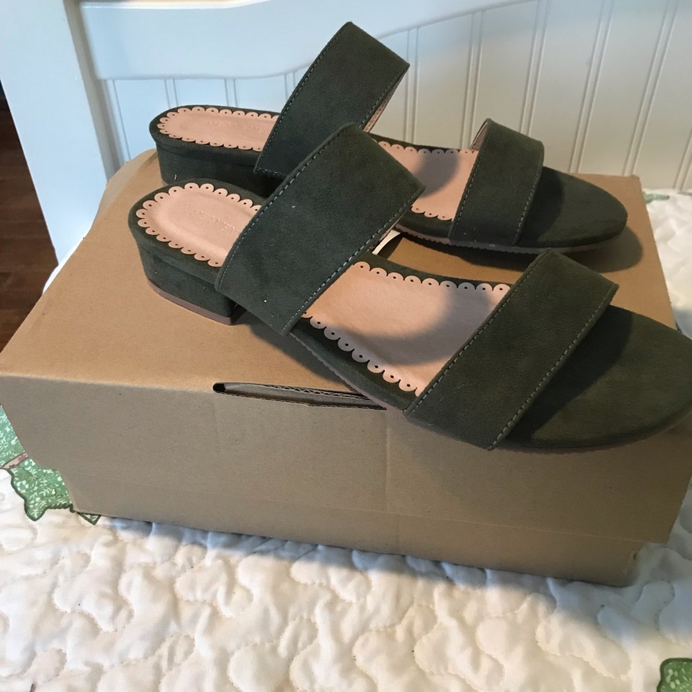 Flat sandals, size 7 W, Olive green suede like material.